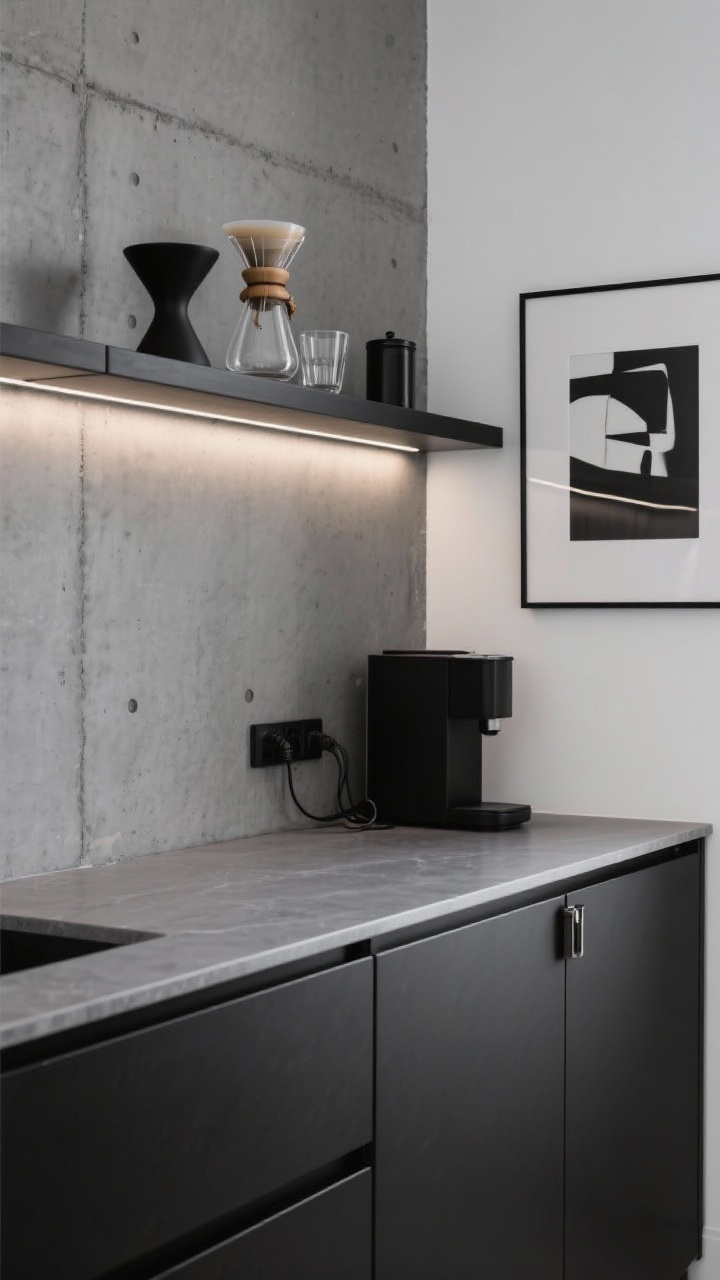 Photorealistic wide shot of a sleek minimalist matte-black coffee station: a low-profile matte black cabinet with push-latch doors and a slim fog-gray quartz top. Above, a long linear shelf displays a sculptural pour-over set, two double-wall glasses, and a single matte black canister. A concrete-look backsplash adds subtle grit. Thin LED strip under the shelf creates a soft, even glow. One abstract black-and-white print in a thin frame hangs to the side. High-contrast palette of charcoal, graphite, and crisp white; cords hidden via cable grommets; countertop pristine. Straight-on, gallery-like composition.