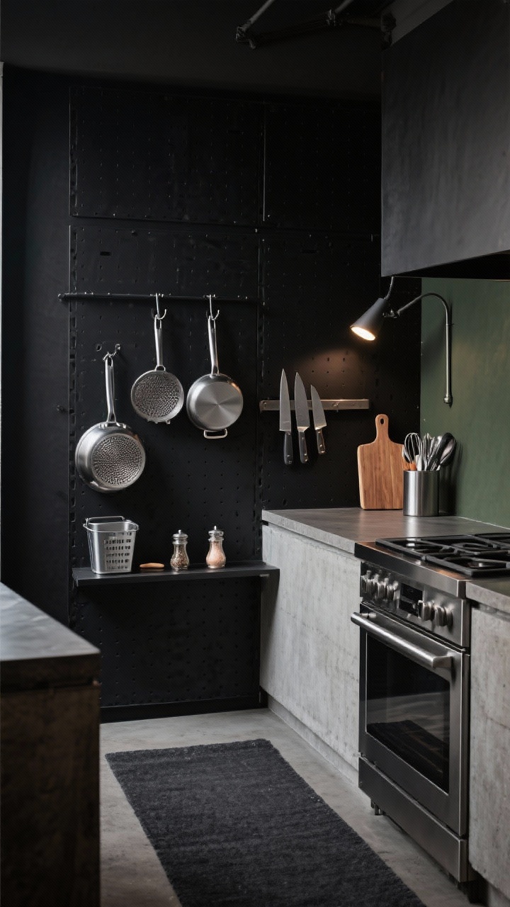 Photorealistic wide shot of an industrial chef’s wall: matte black metal pegboard spanning the cooking zone, paired with stainless appliances, concrete-look counters, and a charcoal runner on the floor. Moody palette of black, steel, and deep olive with warm walnut cutting boards. Heavy-duty steel hooks hold pots, pans, and a strainer; a magnetic knife strip and clip-on metal bins for utensils; a narrow shelf with salts and pepper grinders. A slim adjustable sconce casts a directional, professional glow across the board. No people, dramatic utilitarian atmosphere, angled corner perspective.
