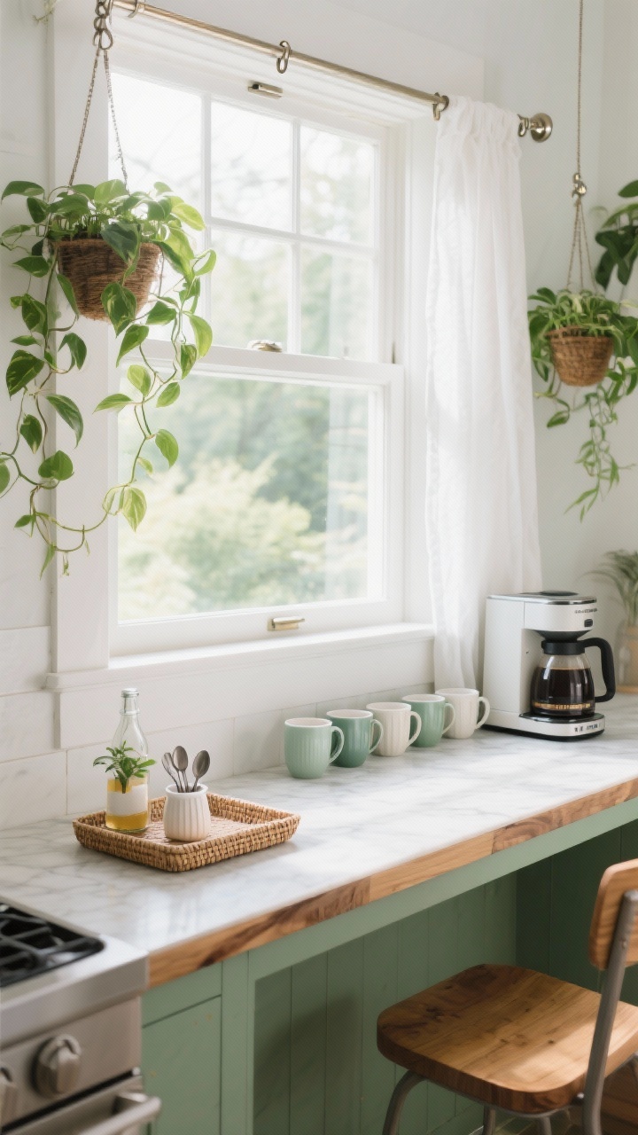 Photorealistic wide shot, straight-on to a bright kitchen window: a sunlit windowsill coffee bar with a narrow quartz or butcher-block ledge spanning the sill, holding a compact brewer and a neat line of pretty mugs; hanging planters with trailing pothos flanking the scene; a petite rattan tray with sugar, spoons, and a tiny plant spritz bottle; a white café curtain filtering soft morning light; polished nickel hooks and a tiny curtain rod visible; palette of fresh white, sage green, and warm wood; greenhouse-meets-breakfast-nook mood, no people.