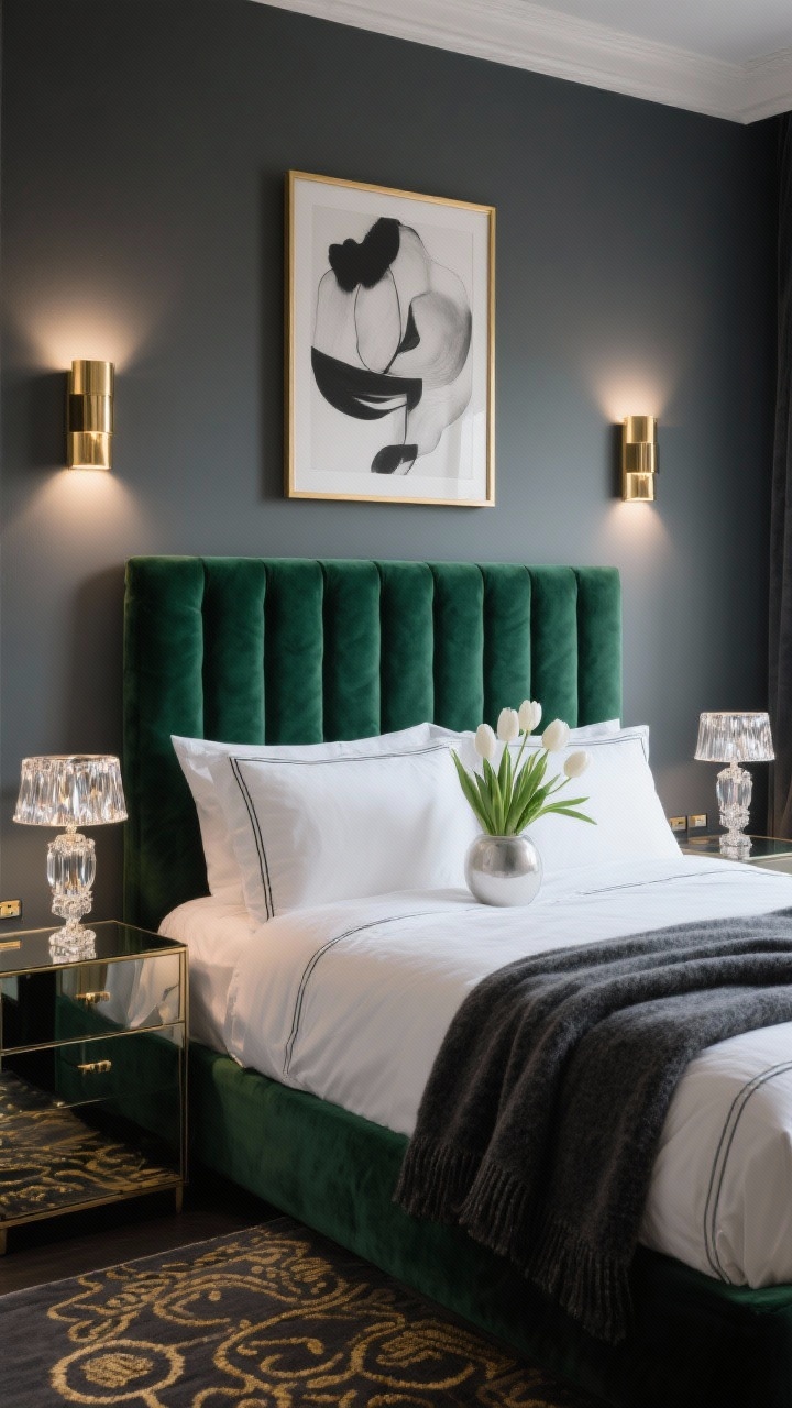 Photorealistic wide, straight-on bedroom wall view capturing a glam boutique feel: deep emerald velvet channel-tufted headboard with crisp white bedding and piped edges; two slim brushed-brass battery-powered picture lights mounted above, illuminating soft abstract art and spilling luxe light onto the headboard at 3000K; mirrored nightstands with decorative crystal lamps unplugged; black-and-white photography on the wall; charcoal wool throw folded at the bed, single vase of white tulips on a nightstand, patterned rug with subtle gold threads; palette emerald, brass, crisp white, smoky gray; moody, glamorous evening glow, no people.