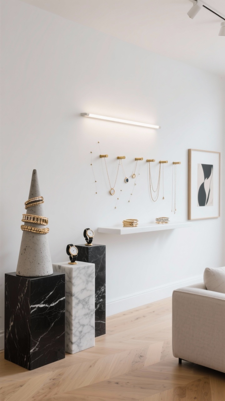 Photorealistic wide straight-on shot of a minimal living room gallery wall: white walls, pale oak floors, matte white floating shelves. Jewelry staged as sculpture—bracelets stacked on raw concrete cones, watches on black marble plinths. Necklaces hang from matte brass pegs arranged like a constellation pattern. A slim LED picture light casts an even glow across the display, with a single abstract print nearby. Palette of white, soft oak, matte black, and brass; materials include marble, concrete, powder-coated metal; architectural gallery calm.