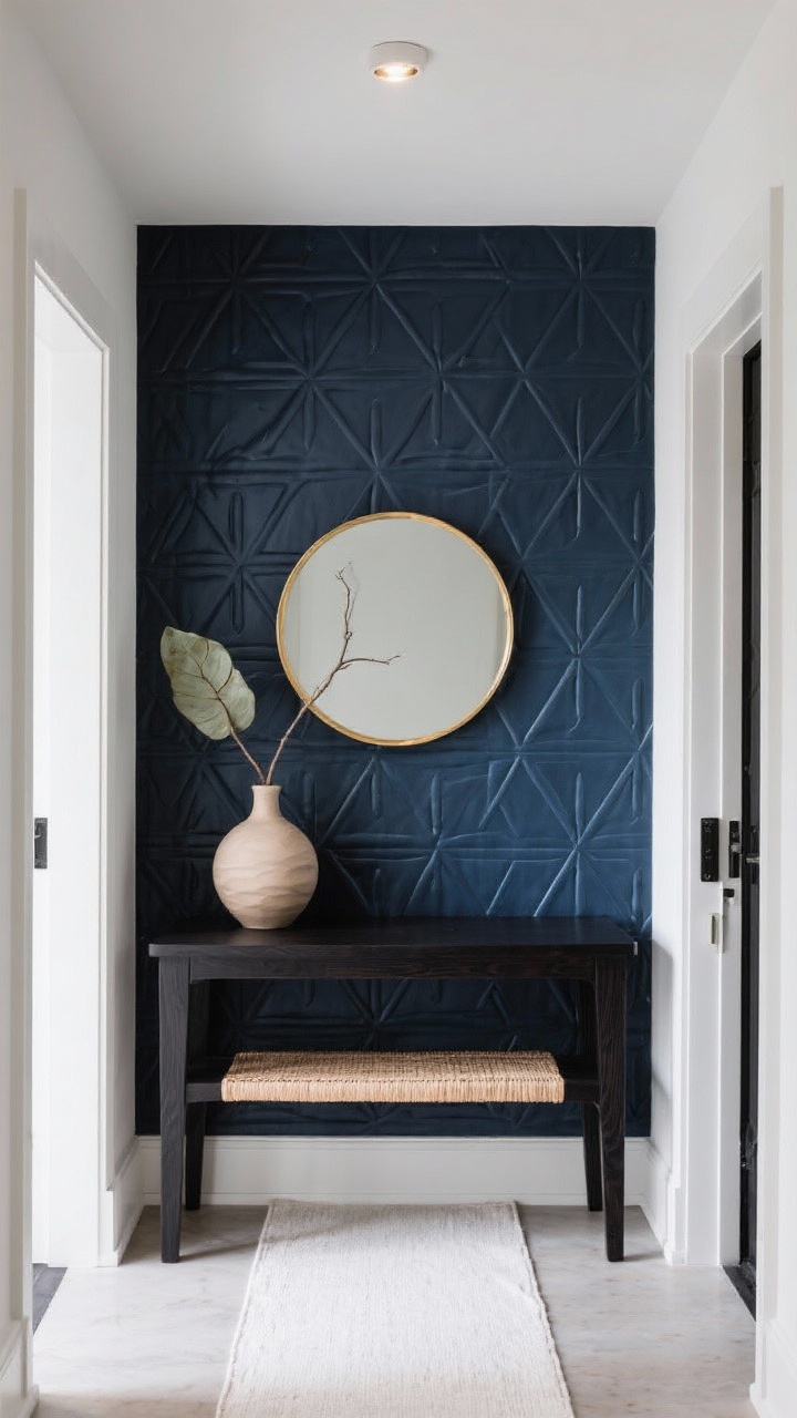 Straight-on entryway vignette: Embossed geometric wallpaper in inky navy with raised angles creating subtle shadow play; modern black oak console with minimal styling, a round brass mirror centered above, a slim woven bench below, narrow runner in ivory tones; sculptural ceramic vase with a single leafy branch; clean gallery feel with soft overhead lighting to accent the embossing.