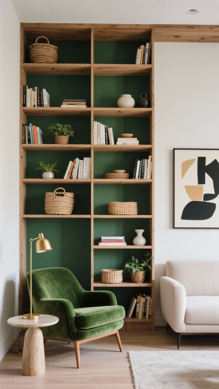 Straight-on medium shot of a ceiling-height open bookcase acting as a divider, some shelves intentionally sparse for light flow. Left side: cozy reading nook with a forest-green velvet accent chair, brass sconce, round side table. Right side: slim sofa and a single abstract art piece. Shelves styled by color with books, woven baskets, small plants, and ceramics. Color story: forest green, cream, black accents, natural wood. Soft natural light, photorealistic.
