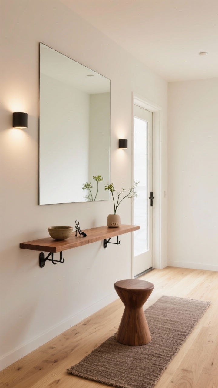 Straight-on medium shot of a Japandi entryway: warm off-white walls, blonde wood floor; slim rounded-edge floating console in oak beneath a long horizontal frameless mirror featuring a shallow oak ledge; on the ledge, a single ikebana-style stem, a small ceramic bowl for keys, a petite diffuser; textured taupe runner elongating the corridor; sculptural stool tucked under console; matte black hooks on the wall; slim wall sconces flanking the mirror for layered brightness; soft natural light from the door blended with sconce glow; calm, minimal, photorealistic, no people.