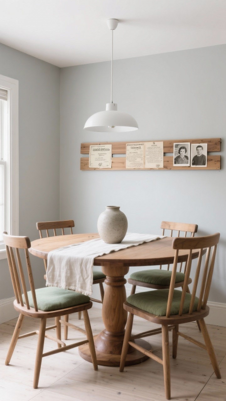Straight-on medium shot of a Scandinavian dining nook: round oak pedestal table with spindle-back chairs, linen table runner, stoneware vase, matte white simple pendant overhead. On the wall, a linear gallery at eye level: slim ash boards with photo-transferred heirloom recipes and a couple of vintage family photos; satin-sealed for subtle sheen, 2 inches between boards. Pale palette: soft gray walls, natural wood, hint of sage on seat cushions. Bright, diffuse daylight; intimate, story-rich mood; photorealistic.