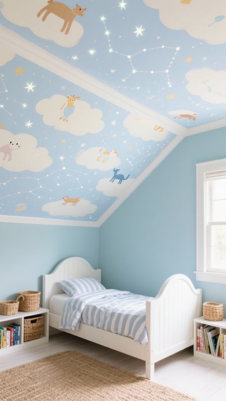 Upward-looking medium shot in a kid’s room: ceiling covered in a soft, whimsical wallpaper with clouds/constellations/tiny animals in blues and creams; walls painted gentle powder blue with crisp white trim. Include a white wood bed with rounded edges, a striped cotton duvet, low bookshelves with woven baskets, and a natural fiber rug. Subtle addition of glow-in-the-dark star stickers on the ceiling. Soft daylight for a soothing atmosphere, photorealistic, no people.