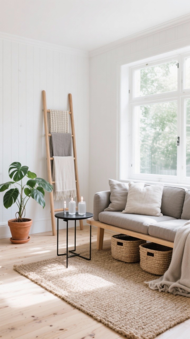 Wide, daylight-filled Scandinavian sunroom, straight-on view: whitewashed walls, pale oak floors, low-profile warm gray linen sofa beside a minimalist oak blanket ladder displaying neatly hung throws; woven jute rug, slim black metal side table for contrast, terracotta pot with a rubber plant, ribbed glass candle holders, textured linen pillows; shallow pale-wood bench with two flat baskets underneath for off-season throws; soft whites, fog gray, blond wood, and matte black accents; photorealistic, bright natural light emphasizing textures.