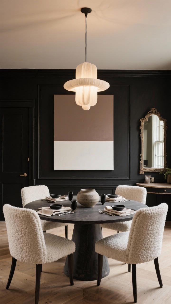 Wide dining room shot: soft black walls with warm undertone, trim/doors/baseboards painted the same color for a seamless wrap, central round pedestal dining table, sculptural plaster chandelier glowing above, ivory bouclé upholstered dining chairs for texture, a single overscale color-block canvas in taupe and white on the wall, tabletop styled with stoneware, matte black flatware, and natural linen napkins, tall antique mirror opposite a window subtly reflecting light to expand depth. Photorealistic, straight-on view capturing symmetry.