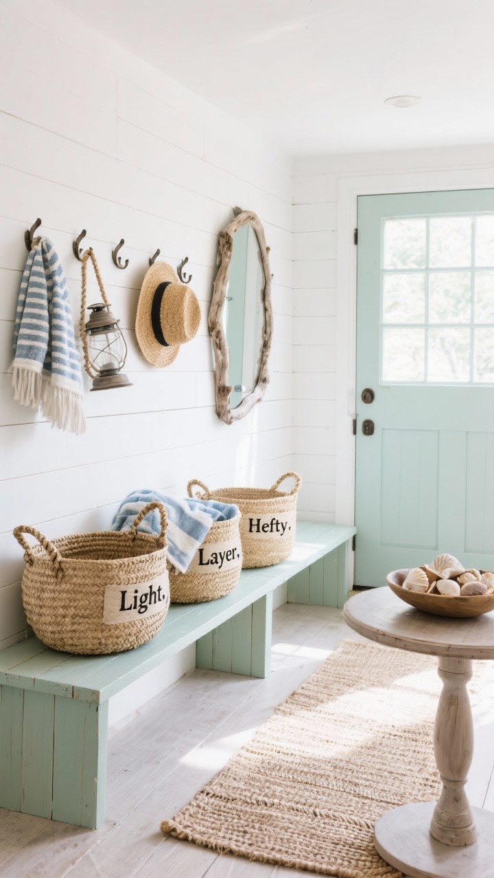 Wide entryway scene, straight-on: coastal cottage vibe with crisp white shiplap walls, painted pine bench in soft sage anchored along the wall; three oversized seagrass baskets labeled “Light,” “Layer,” “Hefty” tucked beneath for blanket storage; hooks above holding straw hats and a striped Turkish towel; weathered driftwood mirror reflecting sunlight; rope-handled lantern, woven runner, small pedestal table with a bowl of seashells; colors of white, sage, sandy beige, soft blue; bright, airy natural light.