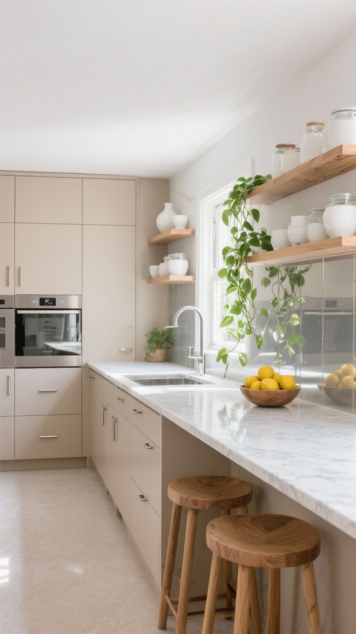 Wide galley kitchen, Scandi-minimal: flat-front cabinets in warm putty with slim brushed nickel pulls; white quartz countertop; full-length smoked mirror backsplash reflecting an opposite window and greenery to widen space; open oak shelves with white ceramics and glass canisters; island with waterfall quartz edge and natural ash bar stools; panel-ready appliances blending in; trailing pothos near the window and a bowl of lemons positioned so their reflections appear in the mirror; bright, clean daytime light, airy and seamless, photorealistic, no people.