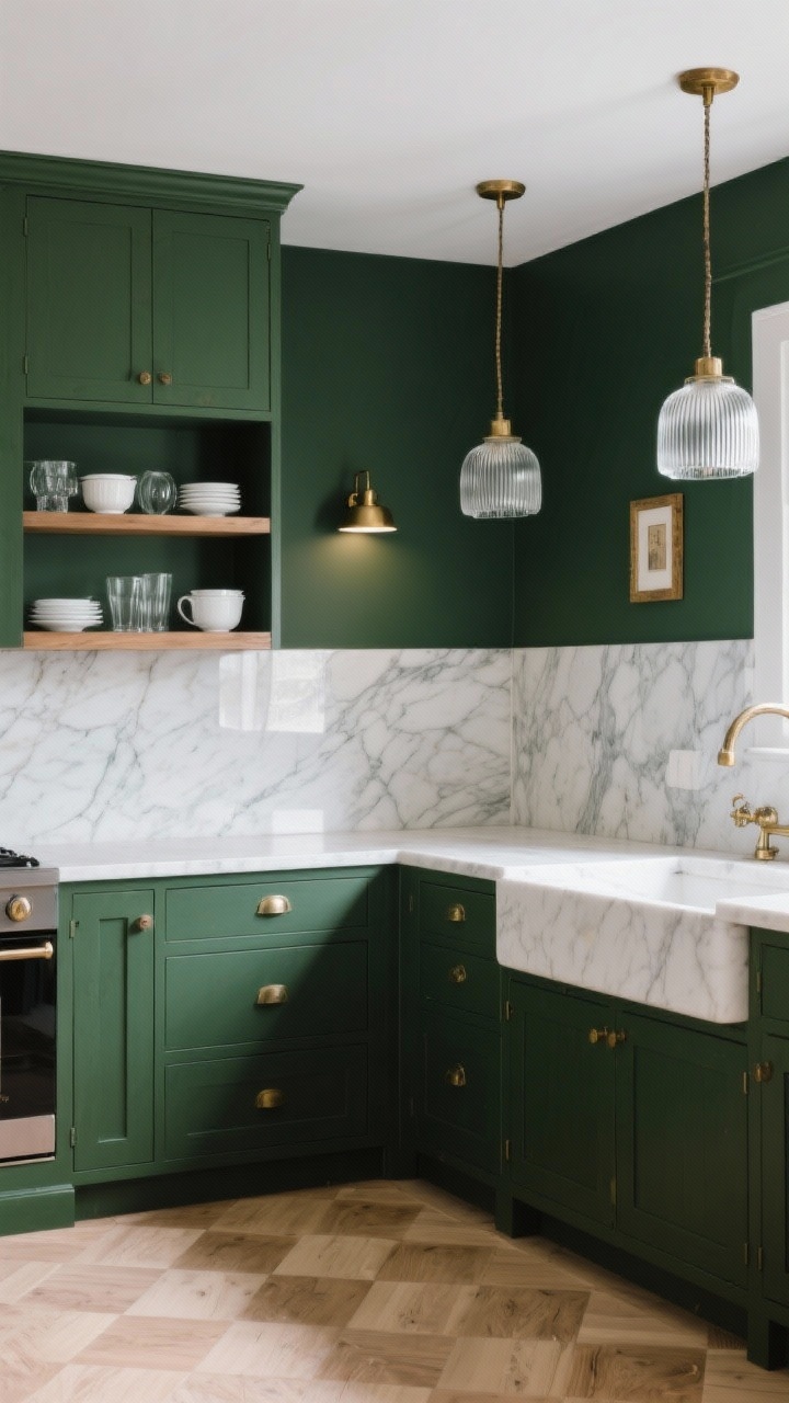 Wide kitchen shot: dark forest green walls and matching lower cabinets (deep, muted green, non-shimmery), open white oak shelves styled with white crockery and clear glass, white marble counters and full-height marble backsplash reflecting light, unlacquered brass hardware beginning to patina, ribbed glass pendant lights over the counter, a small brass picture light illuminating a shelf, flooring in light oak (or subtle cream-and-putty checkerboard tile), minimal or no upper cabinets to open vertical space. Photorealistic, three-quarter angle from the corner to show depth and materials.