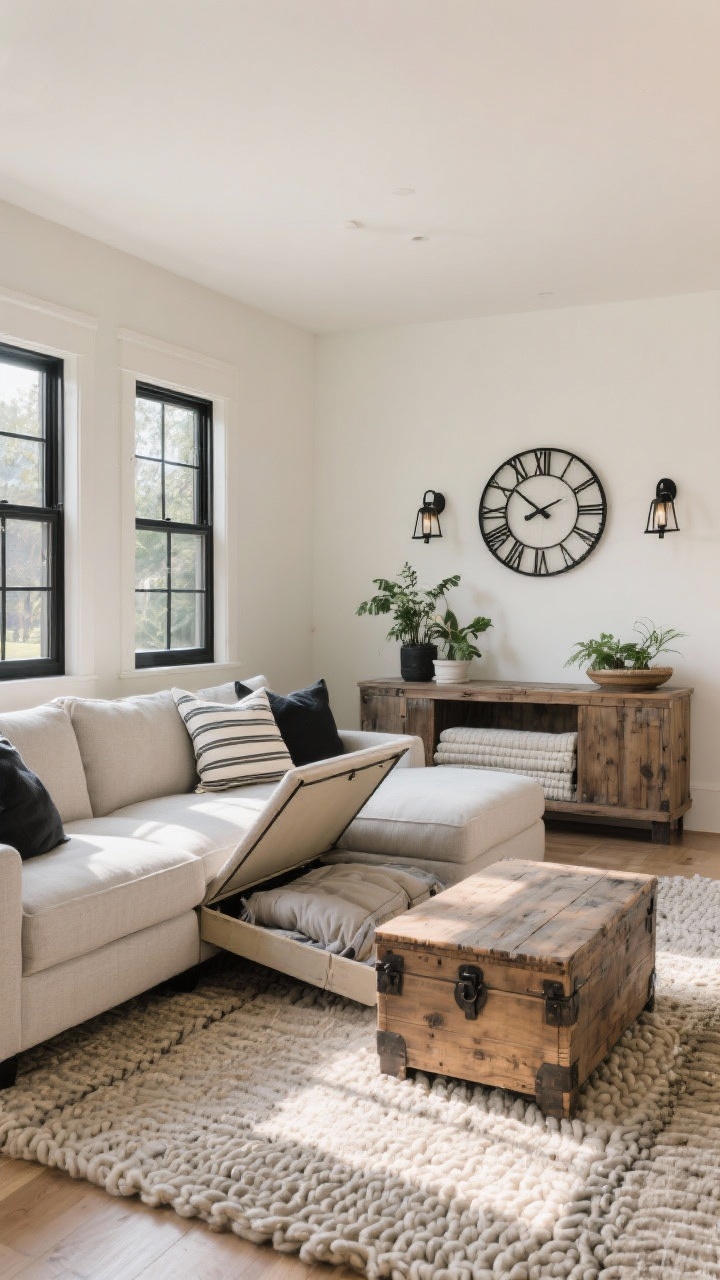 Wide living room, straight-on modern farmhouse: pale greige sectional with a lift-top chaise open to show deep compartment with vacuum-sealed blanket bags; black window frames, chunky knit rug, reclaimed wood console behind the sofa hiding a long lidded blanket box topped with houseplants; warm neutrals, black accents, weathered wood; styling includes stripe-and-solid pillow mix, iron sconces on the wall, oversized wall clock; soft afternoon natural light with gentle shadows.