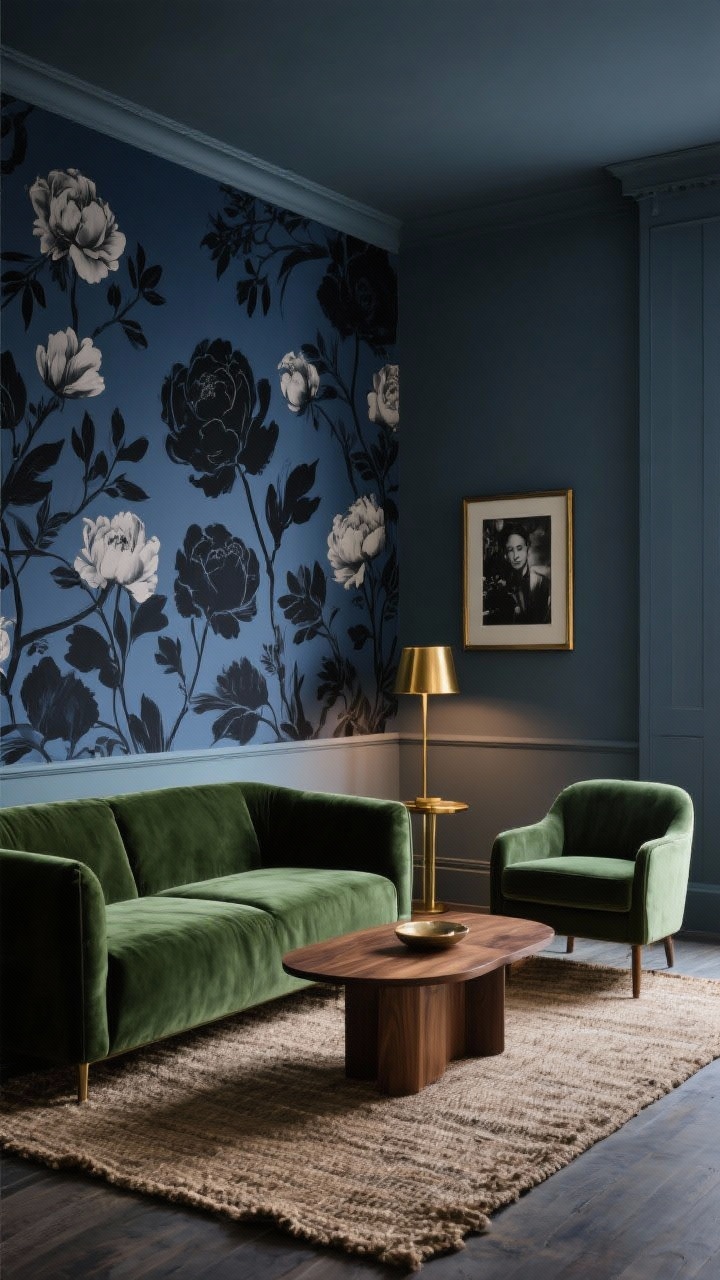 Wide, moody living room shot: one feature wall covered in dark, inky floral wallpaper with midnight blue, charcoal, and peony silhouettes; the other three walls painted slate blue-gray (satin finish) for a cocooning feel. Furnish with a moss green velvet sofa and armchair, low walnut coffee table, and a textured jute rug. Add brass accents: a slender brass floor lamp and brass-framed art. Place oversized black-and-white photography opposite the wallpapered wall. Evening ambient light with warm lamp glow, photorealistic, no people.