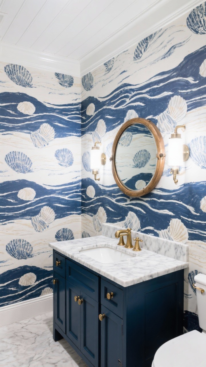 Wide powder room shot: all four walls wrapped in coastal-inspired wallpaper with navy-and-cream waves or painterly shells; vanity painted deep navy matching the wallpaper’s darkest note. Ceiling and trim in pure bright white to break up the pattern. Include brushed brass faucet and hardware, a round porthole-style mirror, and a marble-look quartz countertop. Crisp, reflective bathroom lighting, polished coastal feel, photorealistic, no people.