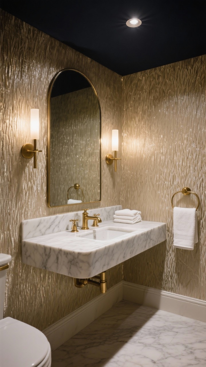 Wide powder room shot: Metallic-thread grasscloth wallpaper in champagne glowing under soft-glow sconces on a dimmer; floating marble vanity with an unlacquered brass faucet, arched mirror above; dark midnight ceiling for dramatic contrast, luxe hand towels neatly folded; color story of champagne, marble white, brass, midnight; intimate evening lighting highlighting texture.