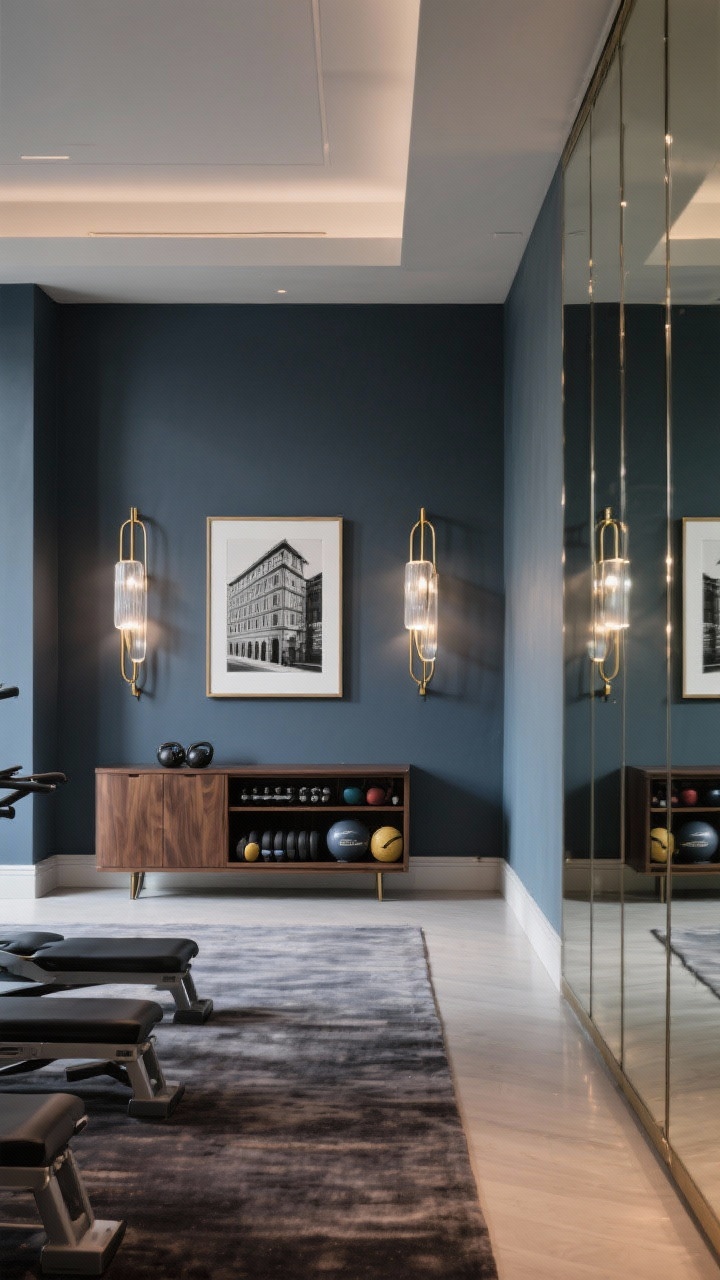 Wide room shot from an angled perspective capturing luxe hotel-gym vibes: a floor-to-ceiling mirror wall on one side reflecting light, opposite wall painted in deep smoky blue/charcoal. Centered on the moody wall, a pair of slender sculptural wall sconces with frosted glass shades casting a soft glow. Two oversized black-and-white architectural prints in thin brass frames flank the sconces. A low walnut credenza stores gear, and a plush performance rug grounds the space. Refined, polished atmosphere with balanced warm-cool lighting, photorealistic, no people.