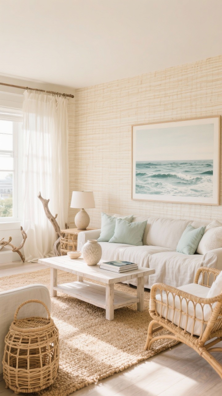 Wide shot: A light-drenched coastal living room with natural grasscloth wallpaper in warm sandy beige, the subtle horizontal weave visible in sunlight; a cloudy linen slipcovered sofa with seafoam throw pillows, whitewashed oak coffee table styled with a ceramic table lamp and ocean print book, rattan lounge chair, jute rug, woven rattan accents, sheer curtains, and a large-scale ocean print on the wall; color story of sand, seafoam, natural white, driftwood; breezy, relaxed mood.
