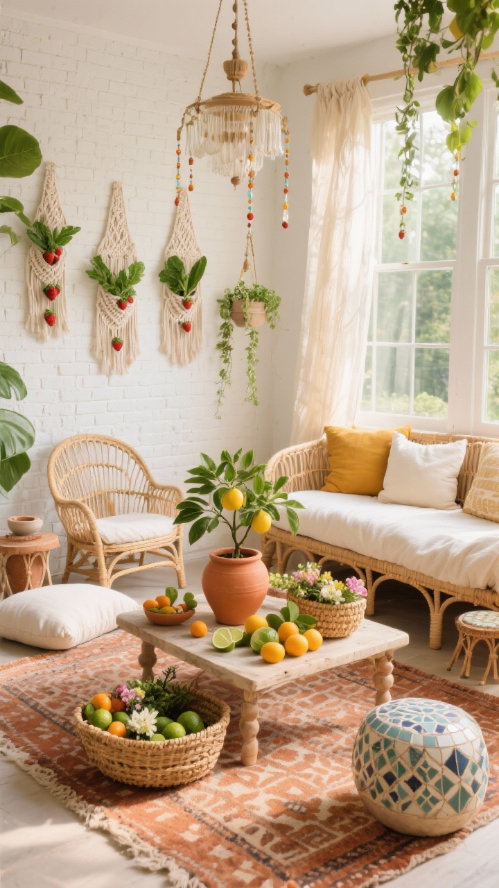 Wide shot, boho sunroom retreat: light-filled space with whitewashed brick, rattan furnishings, and cushions in sun-baked hues. Centerpiece dwarf Meyer lemon in a terracotta urn, surrounded by kumquats, kaffir lime, and edible flowers in woven baskets. Low Moroccan table on a patterned terra-cotta rug, macramé hangers holding pockets of basil and trailing strawberries overhead. Rattan daybed with cream cushions, hanging egg chair, mosaic side tables. Cream, clay, saffron, and leafy green palette. Sheer gauze curtains drifting, beaded chandelier, linen floor pillows, hand-thrown planters. Soft morning glow, straight-on perspective, photorealistic.