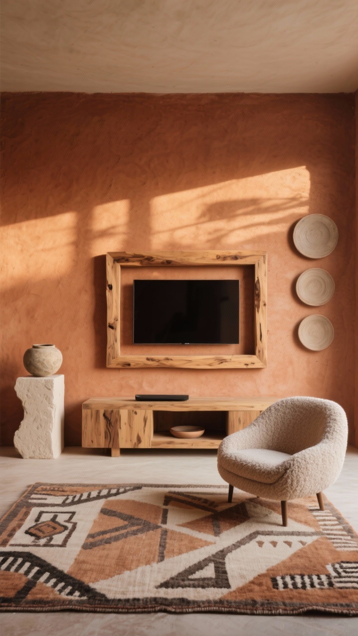 Wide shot desert modern wall: terracotta/adobe-toned wall with TV surrounded by chunky oak shadowbox frames and matte neutral ceramic wall plates; low, chunky media console beneath; curved bouclé chair and a rug with geometric desert motifs; a plaster pedestal displaying a stone vessel; textures of plaster, raw wood, and unglazed ceramics; warm, late-afternoon sun creating long shadows; photorealistic, straight-on.