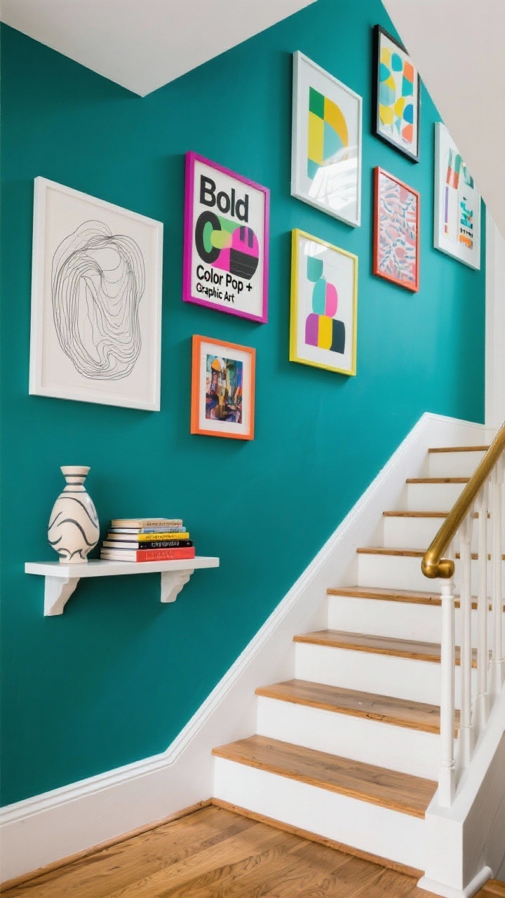Wide shot, dynamic perspective from the bottom of the stairs looking up for “Bold Color Pop + Graphic Art”: stair wall painted deep teal, layered with graphic prints—line drawings, oversized typographic posters, bold abstracts, and colorful photography—framed in glossy white and a few candy-colored frames; one or two large statement pieces mixed with smaller works; white risers and natural wood treads keep stairs simple; a slim console/ledge at the landing displaying a sculptural vase and stacked art books; a brass handrail for a grounded accent; bright, punchy lighting to make colors pop; no people, photorealistic.