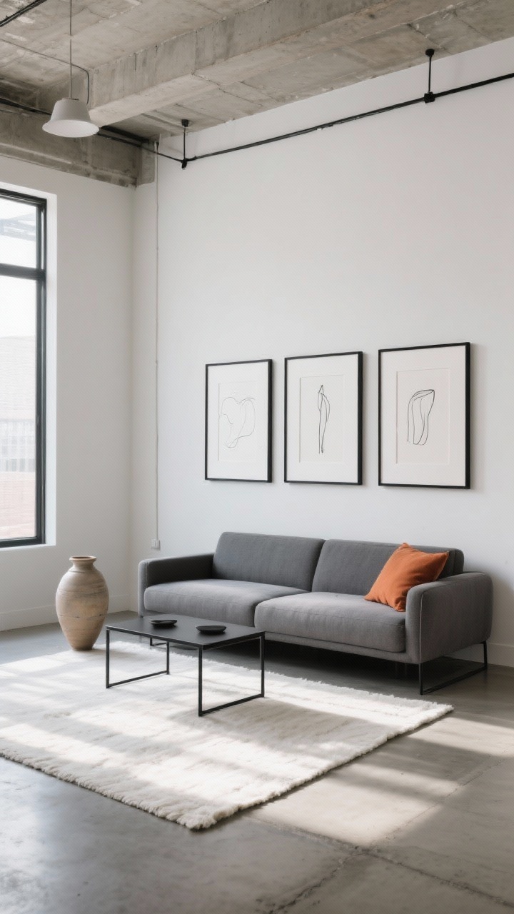 Wide shot from a low corner perspective: A minimalist loft with concrete floors, a low-profile slate sofa, and a generous ivory rug. The gallery behind the sofa aligns to the furniture: the lowest frames 7–10 inches above the sofa back, and the overall gallery width matches the sofa length. Art features three large pieces with generous white mats and black frames plus two slender line drawings to soften the edges. Include a black steel coffee table, a ceramic floor vase, and a single terracotta throw pillow as warm punctuation. Bright, sunlit loft ambiance, crisp and balanced, photorealistic.
