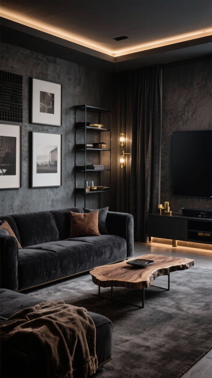 Wide shot, Industrial Luxe Media Room: Photorealistic cinematic media room with matte smoky graphite walls, a deep charcoal velvet sectional, live-edge coffee table, black metal shelving, acoustic panels disguised as framed art, LED cove lighting with dimmable sconces and floor uplights, a low media console, thick blackout drapes, and plush throws; palette of graphite, coal, walnut, and burnished brass; moody, theater-like ambiance without glare.