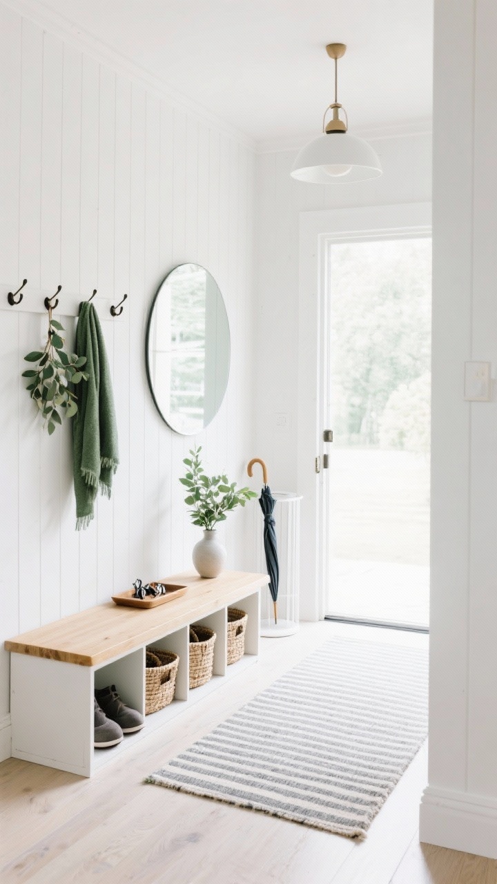 Wide shot, Light-Filled Scandinavian Entryway: Photorealistic bright entry with washable crisp white walls, a blonde wood bench with hidden storage, shaker-style hooks with a eucalyptus green scarf, a low-pile striped runner on light flooring, a large round mirror bouncing daylight, closed cubbies and baskets for shoes, a slim umbrella stand, a single sculptural pendant overhead, and a minimal tray for keys with a vase of greenery; clean, airy, and organized.