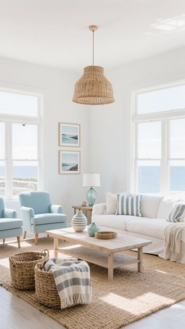 Wide shot, Modern Coastal Living Room: Photorealistic sunlit living room with ultra-smooth white walls, a warm white linen sofa, two powder-blue accent chairs, a bleached oak coffee table on a natural jute rug, woven baskets with throws, striped cotton pillows, framed coastal photography, and ceramic vases; rattan drum pendant overhead and clear glass table lamps on side tables; color palette of white, sea-glass blue, sandy beige, and driftwood gray; bright natural daylight from large windows, minimal patterns, airy and breezy mood.