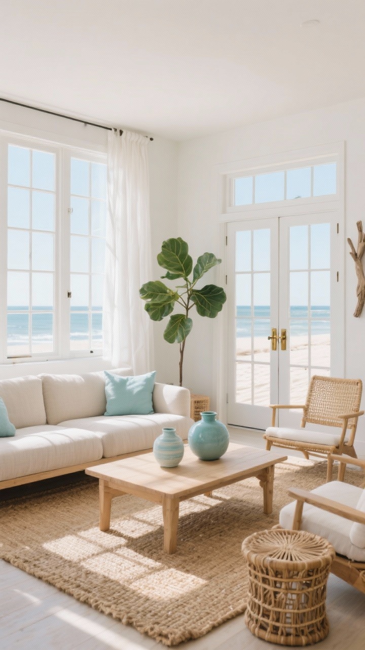 Wide shot, modern coastal living room: soft sand beige and misty white palette with pops of sea-glass blue; low linen-covered sectional sofa, light oak coffee table, woven jute rug; cane accent chairs and rattan stools; a full wall of grid-style window-pane mirrors mimicking French doors, positioned to face real windows and double daylight; gauzy white curtains, ceramic vases on the coffee table, a tall fiddle-leaf fig; brushed brass pulls and driftwood accents; matte white walls; bright natural morning light streaming in, airy beach-house mood, photorealistic, no people.