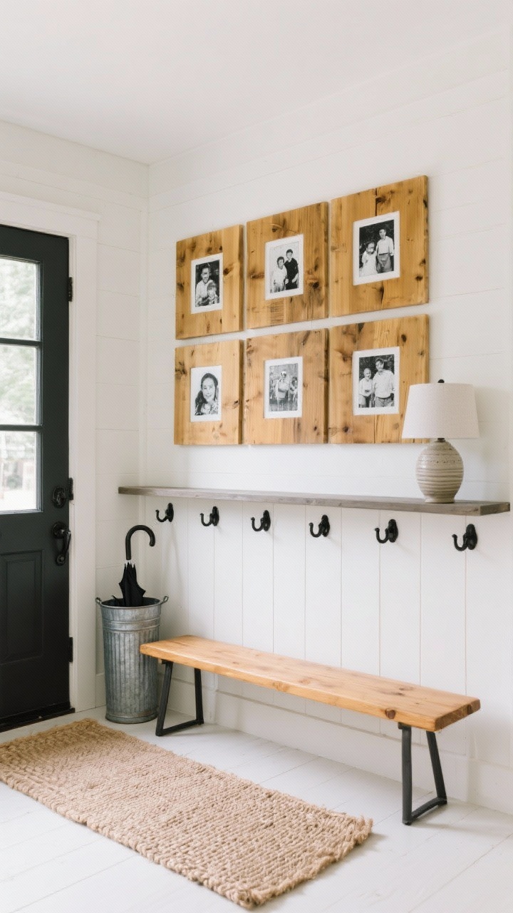 Wide shot, modern farmhouse entryway: crisp white walls, honey-stained pine bench, woven jute runner, matte black hooks, galvanized umbrella stand, narrow console with a ceramic lamp. Above the bench, a 3x3 grid of matte pine wood photo transfers in black-and-white family moments with slightly distressed edges; panels stained Golden Oak, 1-inch spacing for clean symmetry. Neutral palette of soft whites, oatmeal, and deep charcoal; soft natural daylight to highlight wood grain and matte finishes; no people, photorealistic.