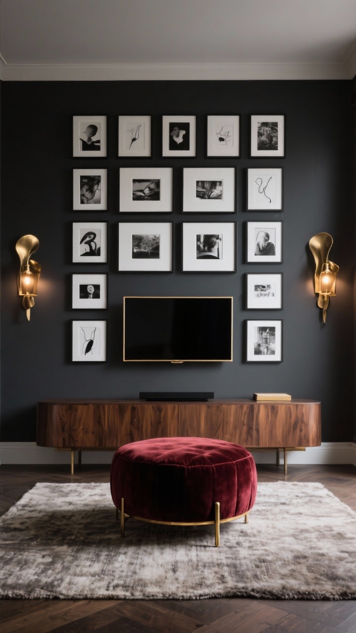 Wide shot, moody modern salon wall: a deep charcoal gray wall where the TV visually recedes, surrounded by a tight grid of museum-style black frames with crisp white mats displaying black-and-white photography and abstract sketches; flanking sculptural brass sconces lit warmly; a low warm walnut media console beneath; an oxblood velvet ottoman in front on a textured neutral wool rug; a thin brass frame around the TV echoing the sconces; evening ambient lighting with soft shadows, photorealistic, straight-on view.