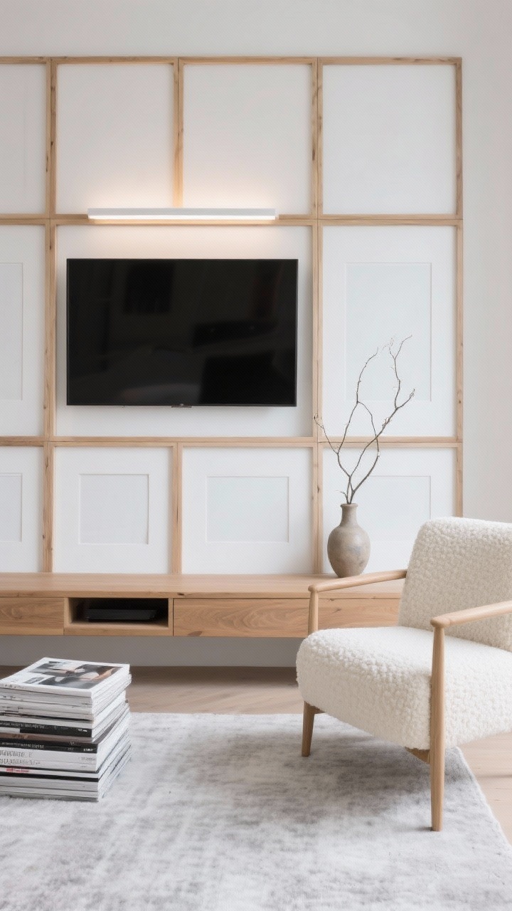 Wide shot Scandinavian symmetry: TV set within a precise grid of light oak frames with oversized white mats, evenly spaced to read architectural; slim oak media bench centered below; cream boucle accent chair to the side; low-pile pale gray rug; minimal decor with a single stoneware vase and branch, neat stack of design magazines; a slim picture light centered above the TV providing soft illumination; clean, calm, and controlled, straight-on composition.