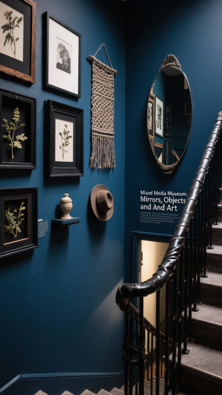 Wide shot, slight overhead corner angle of “Mixed Media Museum: Mirrors, Objects, and Art”: deep ink blue wall showcasing a curated mix—art prints in black and dark wood frames, a sculptural statement mirror, woven wall hanging, pressed botanicals in shadow boxes, a vintage hat, and a small ceramic piece mounted on discreet brackets; leather-wrapped handrail and black metal balusters reinforcing the moody palette; one prominent mirror placed to bounce light in a narrow stairwell; controlled, dramatic lighting to emphasize 3D forms and materials; creative, museum-like feel; no people, photorealistic.