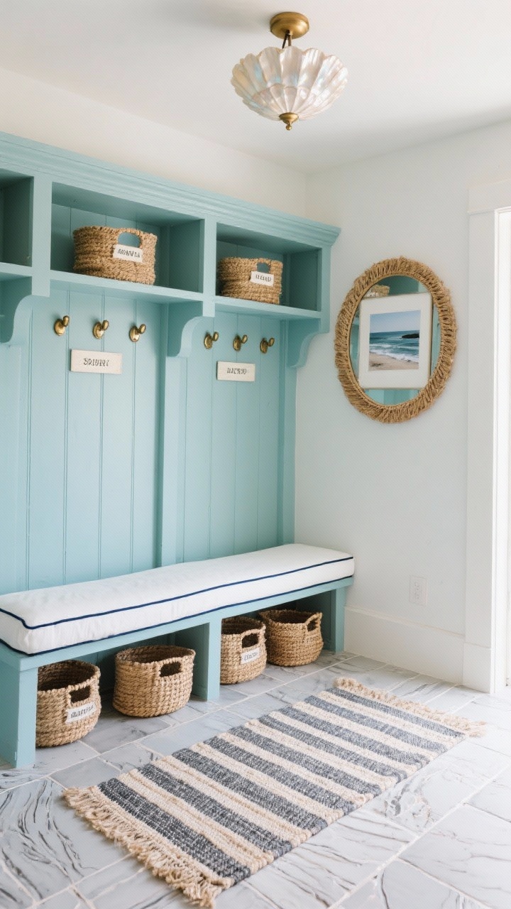 Wide shot, slightly elevated perspective: Coastal transitional mudroom featuring built-ins painted sea-glass blue with brass cup pulls and neatly labeled jute baskets. A bench topped with a white cushion edged in navy piping. Light gray ceramic tile flooring that mimics driftwood grain, a striped indoor-outdoor rug, and a woven seagrass mirror above. A capiz shell flush mount overhead emits a gentle shimmer. Include a framed coastal photograph on the wall. Breezy, refined, and inviting mood.