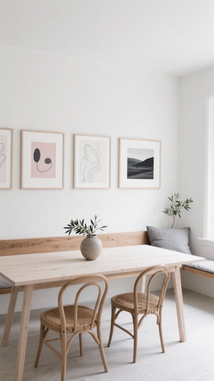 Wide shot, straight-on: A Scandinavian dining room with soft white walls, a pale ash dining table, and natural cord-seat wishbone chairs. A horizontal gallery runs along the main wall with a calm palette of graphite, blush, and dove gray: line drawings, delicate abstracts, and one charcoal landscape for contrast. Frames are pale wood and white with light, consistent mats. A narrow oak bench below anchors the arrangement, topped with a gray linen cushion and a ceramic vase of olive branches. Bright diffused daylight, serene and airy, photorealistic.