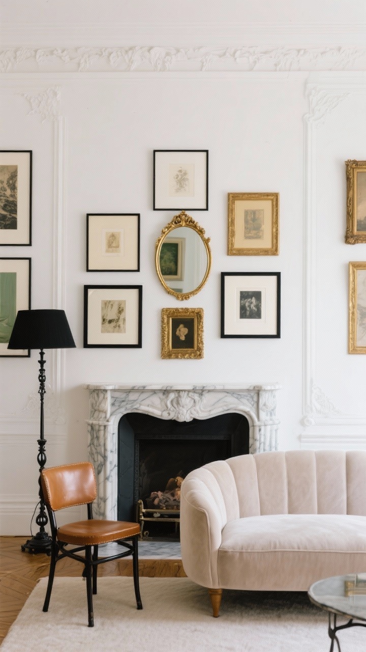 Wide shot, straight-on: An elegant Parisian-inspired living room with chalky white walls, a vintage marble fireplace mantle, and a pale mushroom velvet sofa. A gallery wall sits just 6–8 inches above the mantle, building upward with layered sizes: a gilded convex mirror centered, flanked by slim black frames and a few antique gilt frames. Include a petite caramel leather bistro chair and a black iron floor lamp echoing the black frame color. Art tones show black, cream, warm gold, and soft gray-greens. Soft natural daylight, refined, romantic mood, photorealistic.