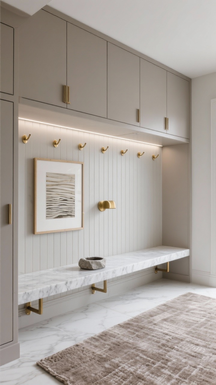 Wide shot, straight-on minimalist composition: Minimal luxe mudroom with greige fluted paneling wrapping the lower wall, a slim Calacatta-look quartz floating stone bench on concealed brackets, and a precise row of solid brass pegs above. Slab-front taupe cabinetry with integrated pulls keeps storage concealed. A thin linear LED light washes the bench, while a petite brass picture light highlights a single striking artwork. A taupe wool flatweave rug grounds the scene, with an understated stone catchall on the bench. Hotel-chic, refined, clutter-free.