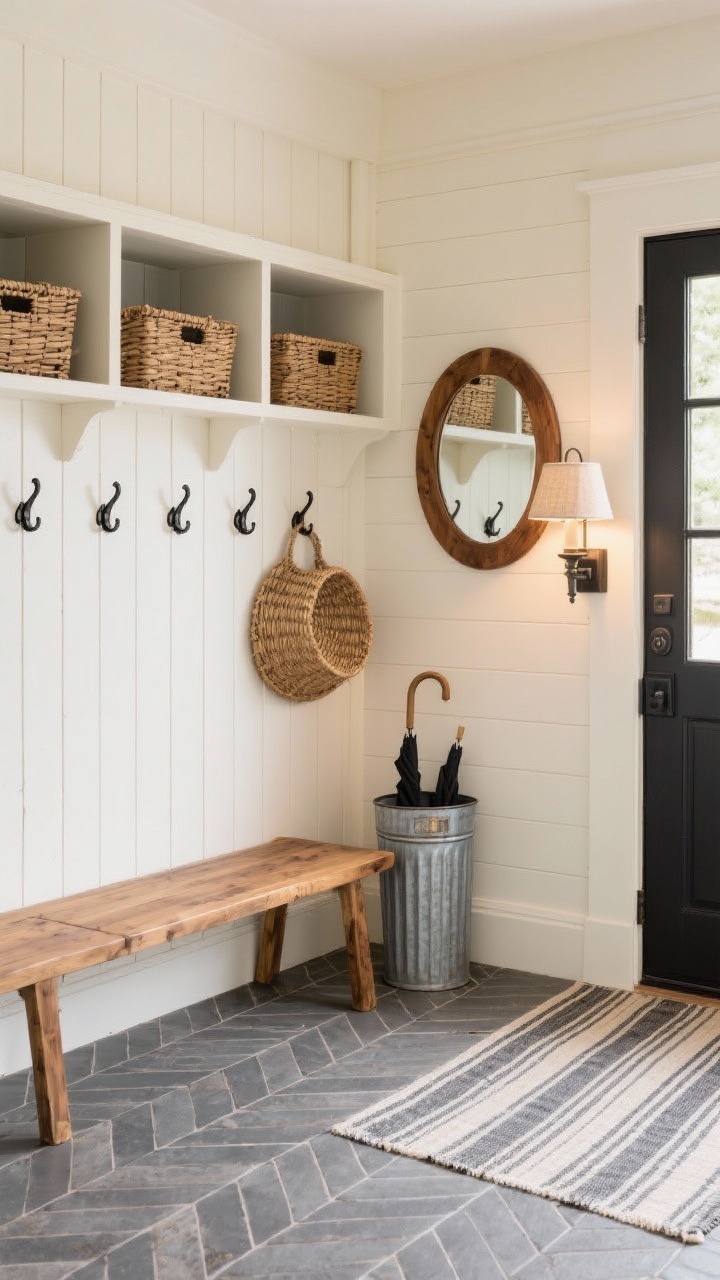 Wide shot, straight-on view: A modern farmhouse entryway mudroom with shaker-style built-ins painted warm creamy white, a stained oak bench showcasing natural grain, matte black hooks along a beadboard back, and wicker baskets in upper cubbies. Slate-look porcelain tile laid in a herringbone pattern under a striped indoor-outdoor runner. A galvanized umbrella stand beside the bench, a round wood-framed mirror above, and a small wall sconce with a linen shade casting warm, welcoming light. Palette: cream, warm oak, matte black. Photorealistic, polished yet homey.