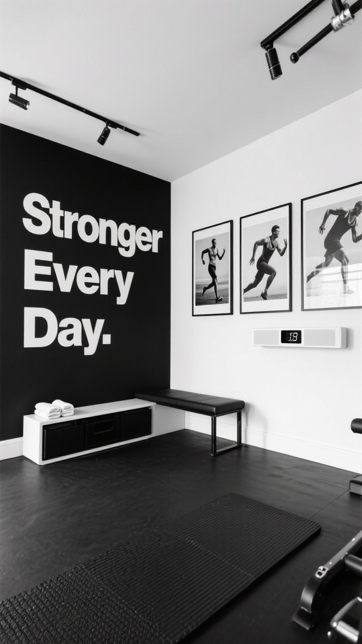 Wide shot, straight-on view of a sleek monochrome home gym: crisp white walls with one matte black accent wall featuring oversized block-letter motivational decals reading “Stronger Every Day” from near floor to ceiling. Minimal black metal frames hold black-and-white photography of athletes in motion. Floor styled with a black rubber mat, a low-profile storage bench, and a small white side table with towels. A slim digital clock and compact white soundbar mounted on the black wall. Color palette black, white, touches of chrome. High-contrast, sharp lighting, photorealistic, no people.