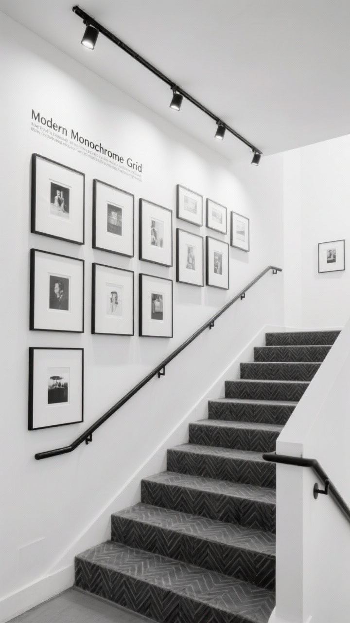 Wide shot, straight-on view of a staircase gallery titled “Modern Monochrome Grid”: a cool white wall with a crisp, stair-stepped grid of black-and-white photographs in matte black thin metal frames, each with generous white mats; sleek black handrail; stairs with a charcoal herringbone runner; slimline picture lights evenly spaced above the frames and subtle adjustable track lighting aimed down the line; overall sharp, clean, editorial mood with high contrast and museum-level polish; no people, photorealistic.