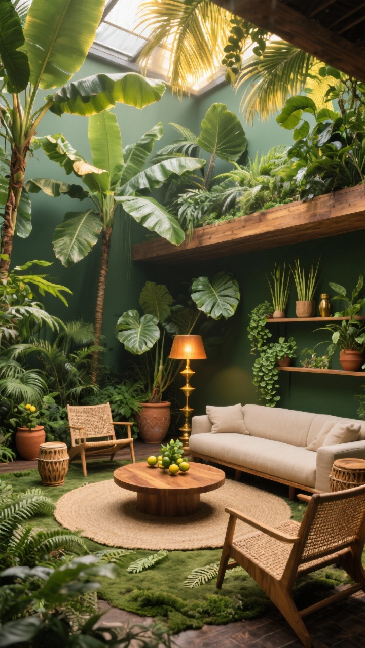 Wide shot, tropical atrium lounge: a sun-drenched indoor rainforest living space with a deep jungle green palette, warm teak and brass accents, and a low sand-colored linen sofa. Layered plant canopy with banana leaf trees and rubber plants as the upper story, fiddle-leaf figs and palms mid-height, and a lush floor-level carpet of ferns and herbs. Round jute rug, teak coffee table with rounded corners, woven cane accent chairs, ceramic drum side tables. Vintage brass floor lamp casting amber light through leaves. Terra-cotta accents, potted dwarf citrus, lemongrass in tall planters, mint trailing from wall shelves. Photorealistic, late-afternoon golden light filtering through foliage, slightly elevated corner angle.