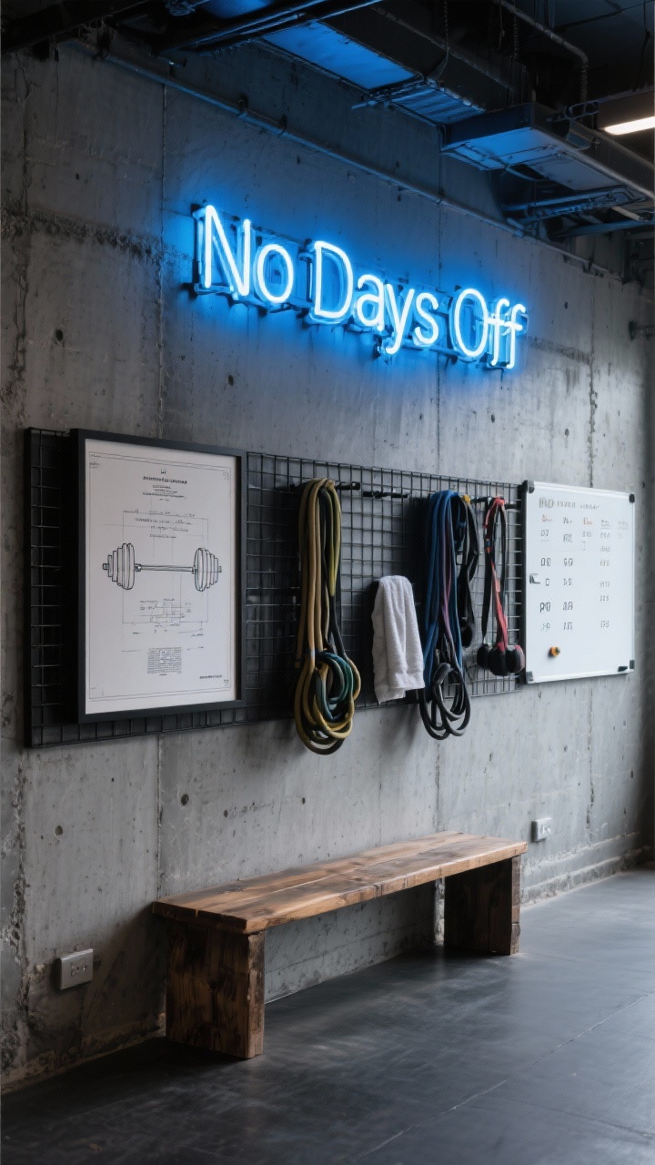 Wide, slightly low-angle shot of an urban industrial gym wall: cool concrete gray walls, a black steel grid panel spanning the main wall used to hang bands, jump ropes, and towels. Above it, a neon LED sign reading “No Days Off” in electric blue glows against the gray. A large framed blueprint poster (e.g., barbell patent) leans adjacent. A reclaimed wood bench sits below with a wall-mounted whiteboard for workouts and PRs. Palette gray, black, steel, electric blue; gritty textures, mixed ambient and neon lighting, photorealistic, no people.