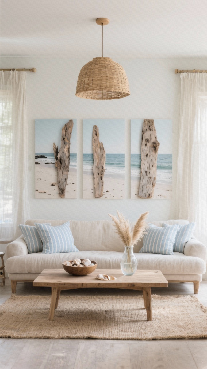 Wide, straight-on view of a coastal living room: soft linen sofa in sea-salt beige with pale blue ticking stripe pillows, low oak coffee table. Above the sofa, a triptych of photo transfers on reclaimed driftwood slabs forming a serene beach panorama; slabs slightly irregular but hung in a straight line. Accessories: bowl of shells, glass jug with pampas grass, nubby sand-toned rug. Sheer curtains filtering daylight and a rattan pendant overhead for texture. Soft, low-contrast seascape tones; calm, breezy mood; photorealistic.