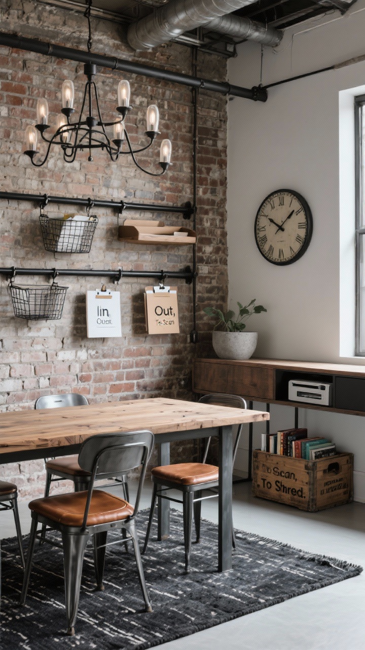 Angled corner medium-wide shot of an industrial loft dining zone: exposed brick wall with a black metal rail system outfitted with clip-on trays, wire baskets, and hanging file folders labeled “In,” “Out,” “To Scan,” “To Shred.” Reclaimed wood dining table on a charcoal flatweave rug, metal chairs with cognac leather cushions. Multi-arm chandelier overhead; a slim console nearby with a slide-out compartment hiding a shredder. Decor: oversized wall clock, concrete planter, vintage crate holding cookbooks. Urban, structured, gritty elegance.