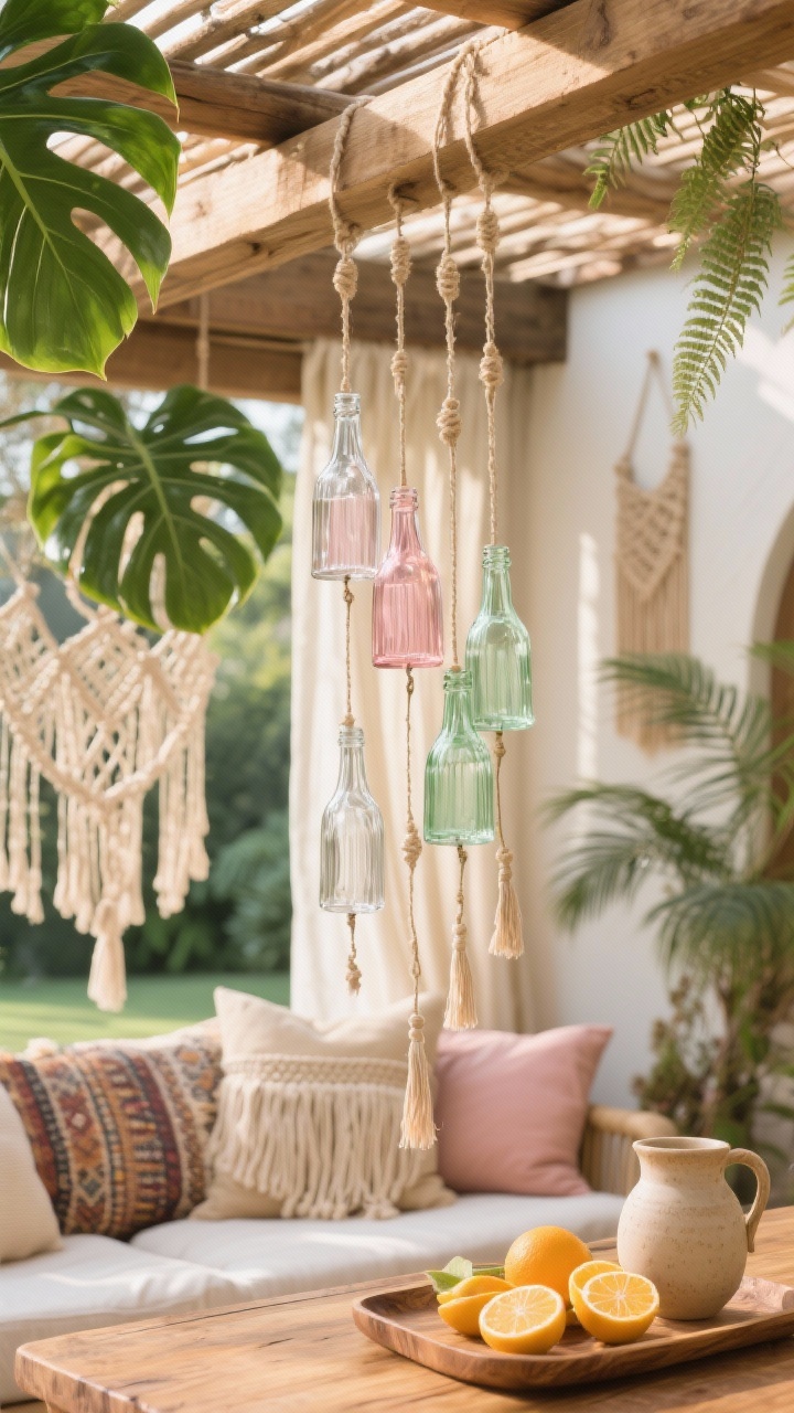 Closeup detail, boho pergola canopy: glass bottle wind chimes—clear, rose, and soft green—hanging at staggered lengths from a wood pergola beam, glinting in soft afternoon light. Macramé hangers visible in background blur with leaves of monsteras and ferns; hints of layered jute and kilim rugs and tassel pillows in oatmeal and blush below. Include a glimpse of creamy outdoor curtains and a mango-wood table edge with a tray of citrus and a ceramic pitcher; mood relaxed, shimmering, photorealistic.