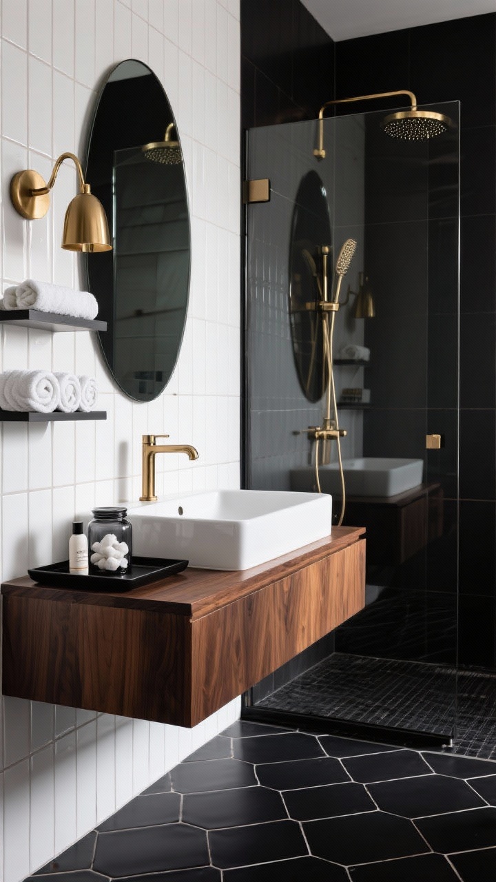 Closeup detail, Contemporary Glam Bathroom: A matte black hex tile floor meets white vertically stacked subway tile walls; a floating walnut vanity supports a rectangular vessel sink with a brushed brass faucet; a rounded-edge mirror reflects a sculptural brass sconce; open shelves display neatly rolled white towels, a black tray with skincare, and a smoky glass jar of cotton rounds; frameless glass shower panel and minimalist brass rain head visible in reflection; sleek, high-contrast glam mood; photorealistic, crisp lighting.