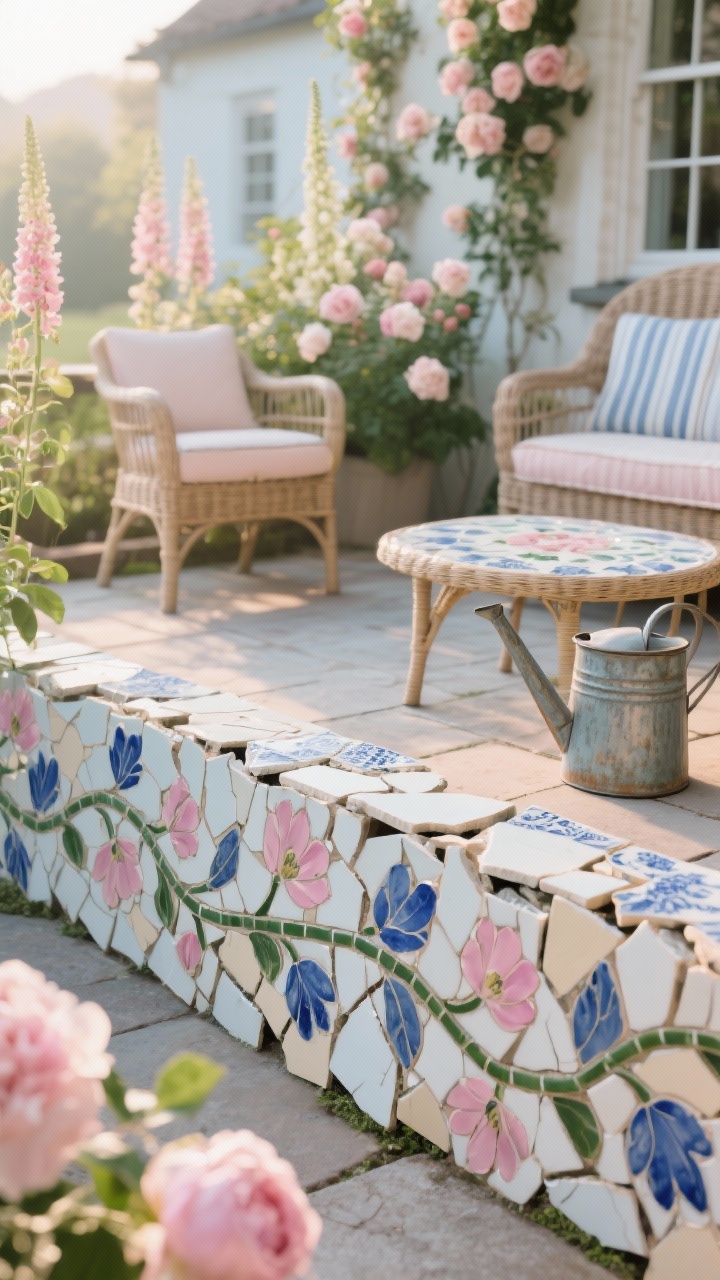 Closeup detail, cottage terrace edge in soft morning light: broken-china mosaic border forming winding stems and pink-and-blue floral petals along the patio rim; shards of glazed ceramic with subtle crazing; a small coffee table top with matching floral mosaic in the background; texture cues of wicker from nearby armchairs, striped cushion edge, and a patinaed zinc watering can; surrounding blur of peonies, foxgloves, and climbing roses; palette of soft pink, sky blue, cream, leafy green; photorealistic.