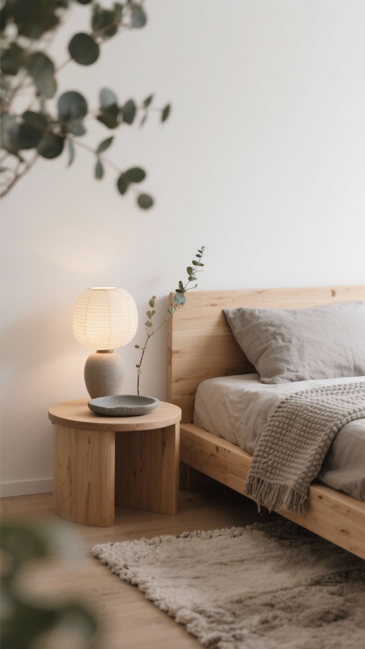 Closeup detail, Japandi Minimalist Bedroom: A serene vignette of a light oak low platform bed with a stone-colored duvet and a waffle blanket neatly tucked at the foot; slim rounded-edge nightstand with a matte ceramic stone tray and paper lantern lamp softly glowing; a single eucalyptus branch in a ceramic vase nearby; warm white walls and a neutral wool rug visible in the blur; textures of light wood, wool, paper, and matte ceramic; calm, intentional mood; photorealistic, shallow depth of field.
