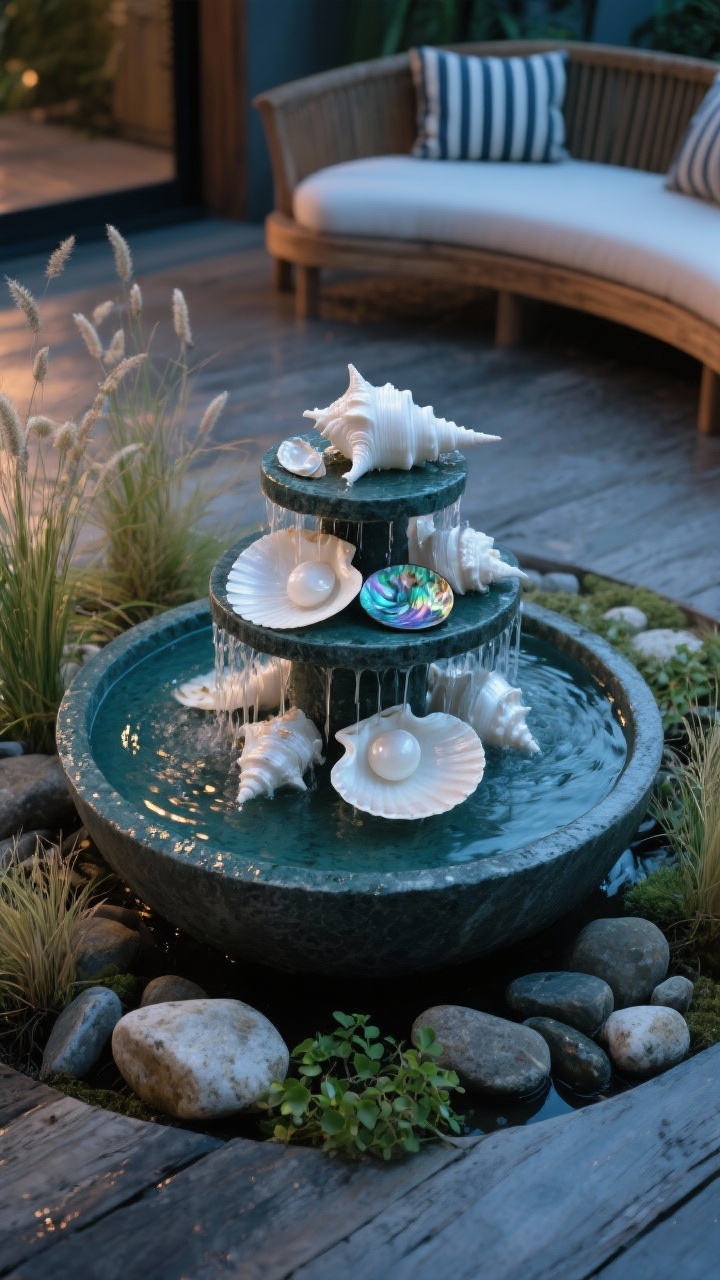 Closeup detail of a compact recirculating fountain: water trickling over a tiered arrangement of pearlescent white conch and clam shells with a few iridescent abalone pieces, cascading into a shallow basalt bowl; surrounded by a circle of smooth river stones with interplanted dwarf papyrus, Japanese forest grass, and creeping Jenny for a lush, edge-of-water look; color story deep teal, weathered wood, and milky white; a hint of a curved teak loveseat with marine-striped cushions in background; subtle evening light with a narrow shell border reflecting glints into the basin; photorealistic, no people.