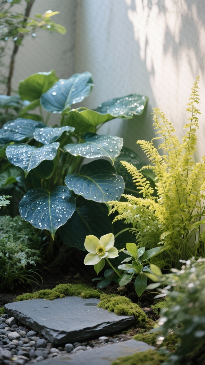 Closeup detail of a serene shade courtyard planting, cool and spa-like; deep greens, chartreuse, and ivory tones; layered hosta leaves in varied sizes—big blue-green leaves beside tight chartreuse varieties—beaded with moisture; feathery astilbe plumes and a hellebore bloom peeking through; slate stepping stone partially visible with mossy gravel; soft, diffused shade lighting filtering from above; calm mood, no people.
